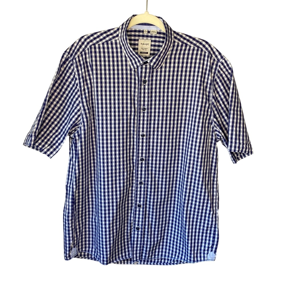 Haupt Germany Mens Navy Blue Gingham Short Sleeve Button Down Shirt Large 16.5